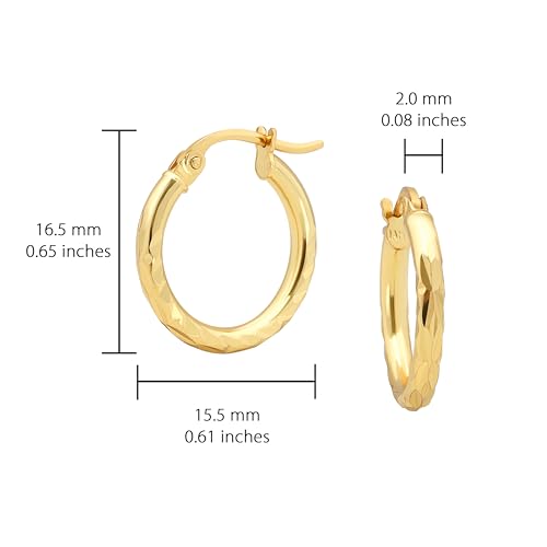 Hoops & Loops 925 Sterling Silver Diamond-Cut Hoop Earrings for Women, 2mm Textured Lightweight Click Top Hoops, 15mm 20mm 25mm 30mm, Silver 14k Yellow Gold & Rose Gold Flash Plated - color: Gold - 15mm (0.59'')