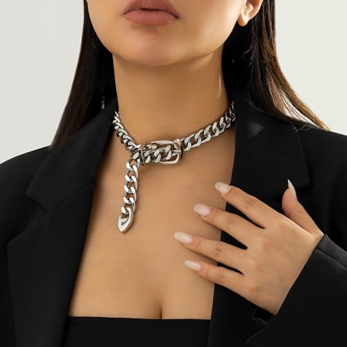 Chunky Chain Necklaces Women Statement Collar Necklace Gold Flat Snake Chain Choker Ribbed Design for Party, Dress Jewelry Gifts - color: B5:Silver Necklace