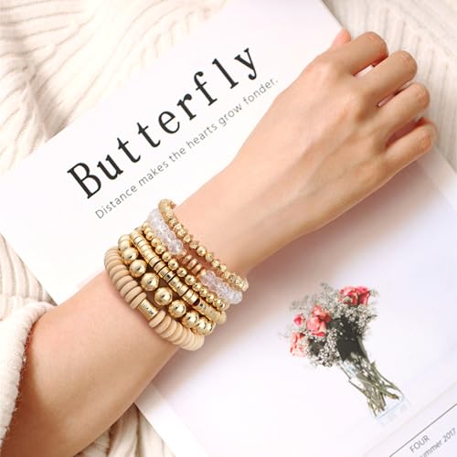 GOOJIDS Simple Beaded Gold Plated Bangles Bracelet Chunky Bamboo Tube Curved Stacking Clear Acrylic Colorful Beads Stretchable Gold Plated Bracelets Set For Women - color: A-A1 Gold Bead Set E