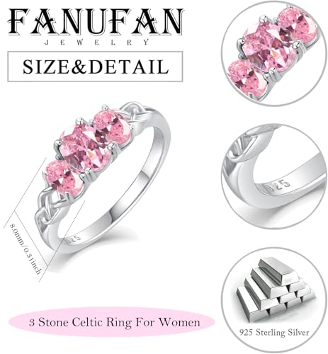 Celtic Birthstone Rings for Women 925 Sterling Silver Celtic Knot Ring 3-Stone Promise Rings for Her Wife Birthday Anniversary Wedding Jewelry - color: 10-Oct-Pink Tourmaline