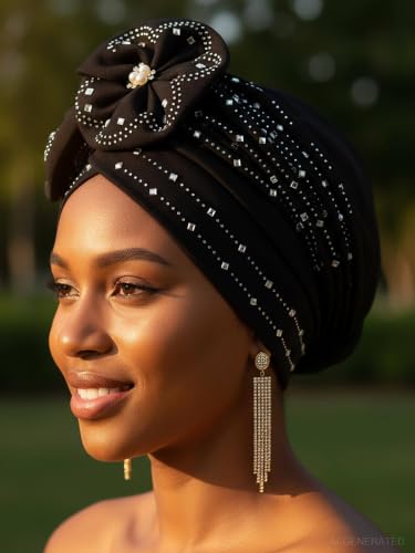 Woeoe Beanie Cap Head Wrap Black Rhinestones Head Scarf Flower Pearls Twisted Head Turban for Women Girls - color: Black