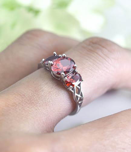 Celtic Birthstone Rings for Women 925 Sterling Silver Celtic Knot Ring 3-Stone Promise Rings for Her Wife Birthday Anniversary Wedding Jewelry - color: 01-Jan-Garnet