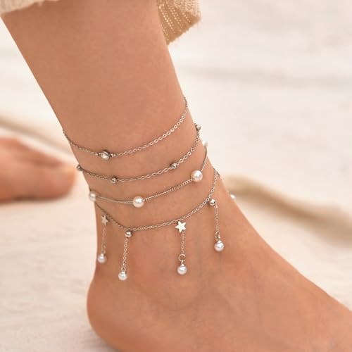 LOFITOR Ankle Bracelets for Women Glitter Waterproof Adjustable Anklet Set for Women 18K Gold Plated Silver Charm Dainty Layered Anklets, Summer Beach Anklet Jewelry for Women - style: Pearl Gold