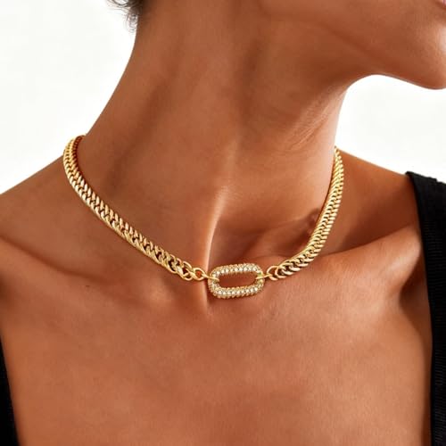 Long tiantian Chunky Gold Necklace Stack Chain Necklaces for Women Statement Layered Paperclip Choker Necklaces Statement Necklace for 80s 90s & Night Out Outfits Paperclip Style Fashion Jewelry - color: A6：rhinestone pendant chain