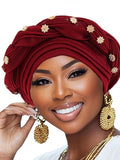 Woeoe Women African Turban Pre-Tied Twisted Beanie Cap Headwear Rhinestone Soft Stretchy Head Turbans - color: Color-2