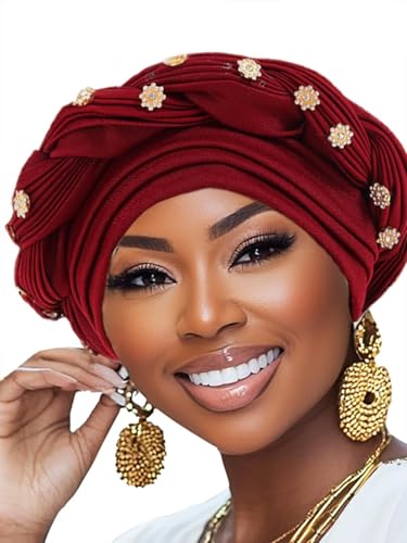 Woeoe Women African Turban Pre-Tied Twisted Beanie Cap Headwear Rhinestone Soft Stretchy Head Turbans - color: Color-2