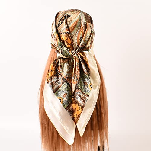 35 x 35 Women's Fashion Pattern Large Square Silk Like Hair Scarf Head Sleeping Wrap Satin Neck Bandana for Gift… - color: Big Cashew Beige