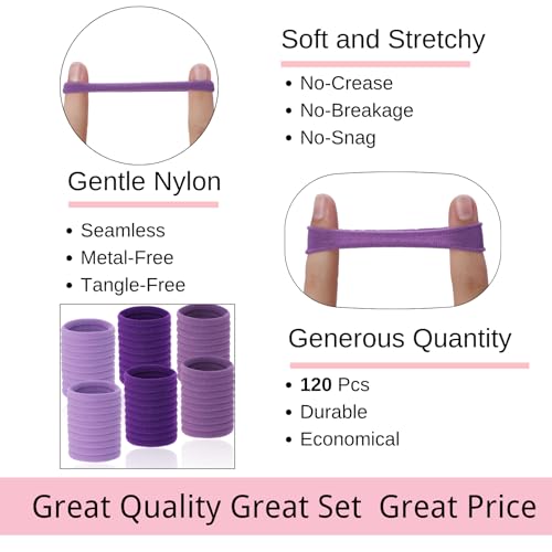 LuSeren 120 Pcs Purple Hair Ties for Women, No Damage Soft Seamless Nylon Hair Elastics for Thick Hair, Ponytail Holders, 3 Gradient Purple Hair Accessories - color: Purple