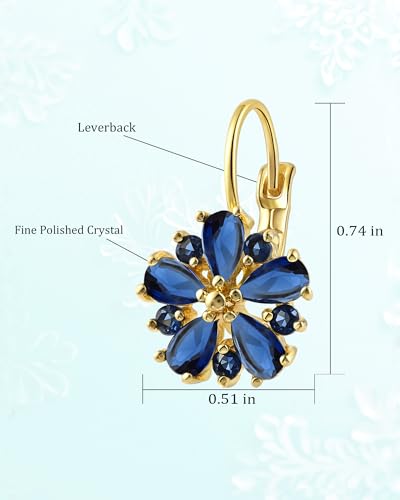Vintage 14K Gold Plated Flower Birthstone Earrings - Hypoallergenic Leverback Floral Earrings, Trendy Jewelry Gifts for Women - color: Sapphire