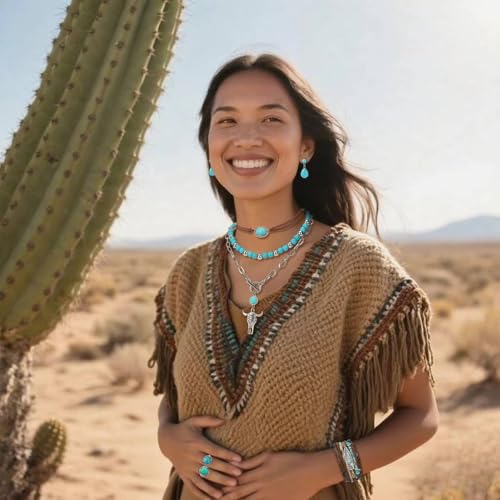 Western Jewelry for Women - Boho Turquoise Jewelry Set with Turquoise Necklace, Earrings, Bracelet & Rings - style: turquoise boho style