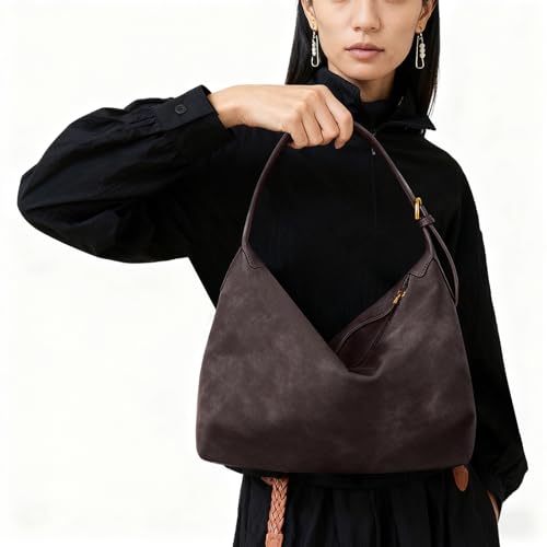 Suede Hobo Bag For Women,Vintage Shoulder Crossbody Purse,Fause Suede Handbag 2 Adjustable Straps,Lightweight Soft - color: Chocolate