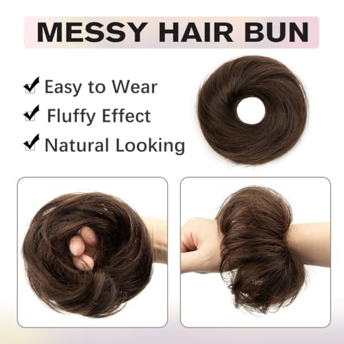 Human Hair Messy Bun Hair Piece, Dark Brown Scrunchie with Elastic Band, Quick Easy 30s Updo, Volume Booster Hair Bun Extension for Women Daily Work Kids Party, Natural Realistic Look - color: Dark Brown, size: 4 Inch
