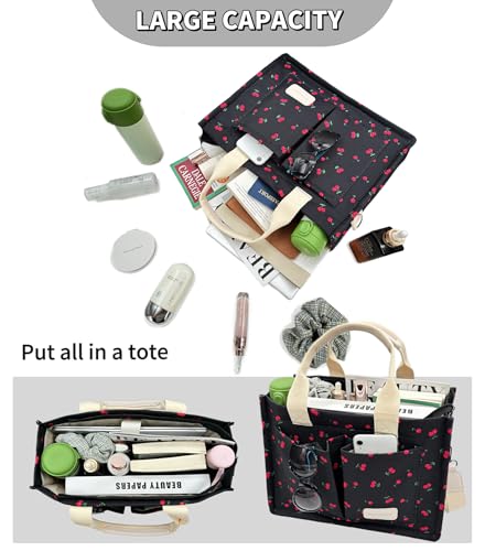 Large Canvas Tote Bag for Women Work Tote Bags with Pockets Laptop Crossbody Purses Everyday Bag Handbags for Travel - color: New Upgrade Plus Cherry Black