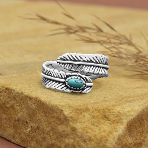 Silver Plated Feather Ring | 925 Silver Adjustable Open Ring | Vintage Leaf Design Inspirational Jewelry for Men & Women | Hypoallergenic Boho Statement Ring - color: Healing Turquoise