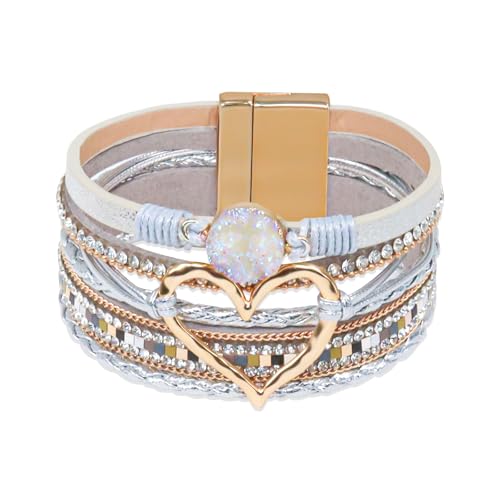 Leather Wrap Bracelet for Women, Boho Cuff Bracelet with Strong Clasp, Multi-Layer Crystal Leather Bracelet for Valentine Mother's Day - color: 01-Heart-Sliver with Gold Clasp