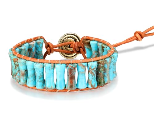 Sriomu 7 Chakra Bracelets for Women Handmade Natural Jasper Stone Healing Bead Bracelet Women Men Boho Friendship Inspirational Jewelry Natural Jasper Stone Double Layer Healing Bead Jewelry Gifts - color: Light Blue - Leather