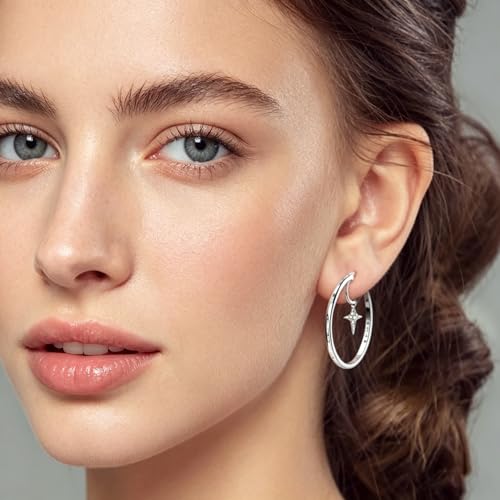 NARMO 925 Sterling Silver Hoop Earrings for Women Hypoallergenic Lightweight Simple Huggie Hoop Earrings Twisted Hoop Earrings Colorful Cubic Zirconia Hoop Earrings Rainbow Hoop Earrings - color: Moon&Star