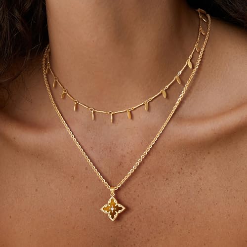 Fettero Gold Clover Necklace for Women Dainty 14K Gold Plated CZ Pendant Necklace Adjustable Chain Choker Charm Colorful Clover Pendant Lucky Necklaces for Women Jewelry - color: Brownish yellow