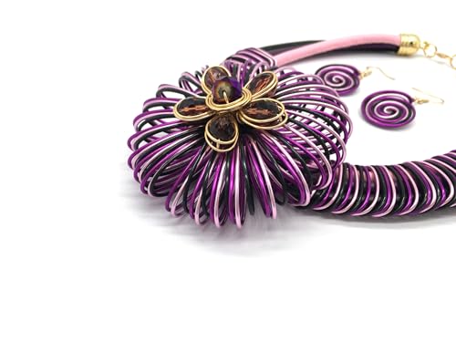 Statement African Necklace For Women African Jewelry Costume Earring Sets Tribal Fashion Colorful Big Rhinestone Crystal Pendent Collar Choker Bold Chunky Bib Handmade - color: Flower Purple