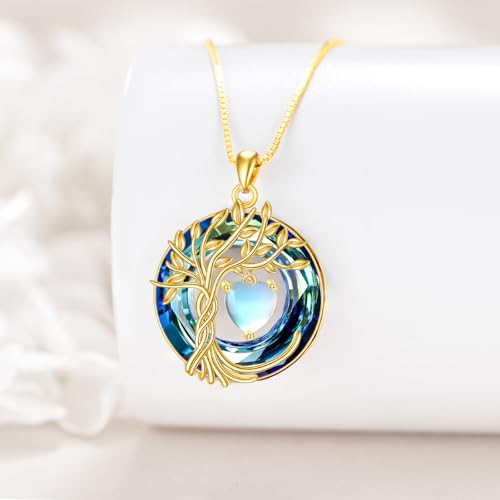 POPLYKE Mothers Day Gifts for Mom Her Wife Tree of Life Necklace 925 Sterling Silver Birthstone Pendant with Crystal Anniversary Birthday Wedding Jewelry for Women - color: 06-Jun-Moonstone, style: 18K Gold Plated-Blue Crystal