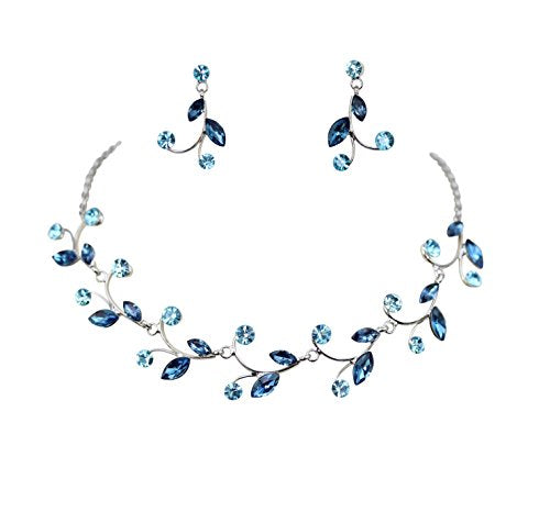 Faship Gorgeous Rhinestone Crystal Floral Necklace Earrings Set - color: Navy Blue