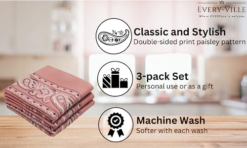 Classic Paisley Bandanas - 3 Pack Gift Set, 100% Cotton, 22x22 Inches - color: Light Pink
