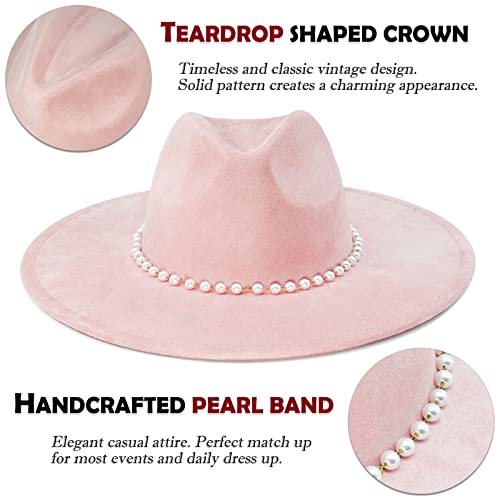FLUFFY SENSE. Big Wide Brim Fedora Hat for Women - Nashville Outfits Western Hats Women's Felt Panama Rancher Hat - color: Rose Pink