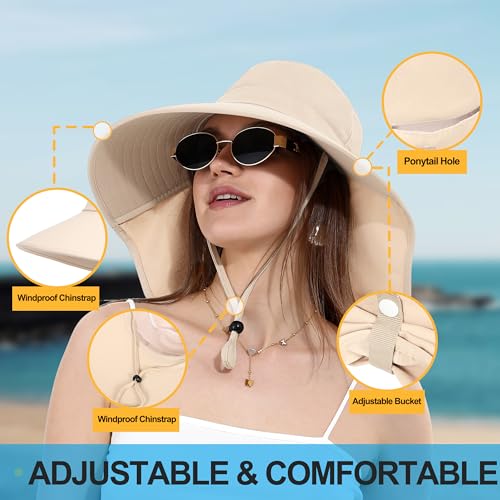 LA CARRIE Women Sun Hats Breathable Wide Brim UV Protection UPF 50+ with Neck Flap Hat for Summer Beach - color: Creamy White