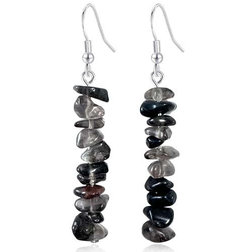 Handmade Bohemian Vintage Silver Nature Stone Beads Long Dangle Drop Earrings for Women - color: Grey