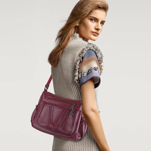 ELDA Crossbody Bags For Women Pocketbooks Soft PU Leather Purses and Handbags Multi Pocket Shoulder Bag - color: Dark Red