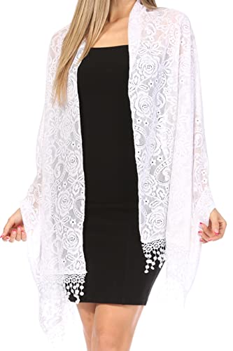 Sakkas Mari Women's Large Lightweight Soft Lace Scarf Wrap Shawl Floral and Fringe - color: Style10-white