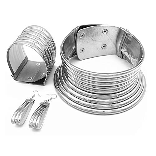 COLORFUL BLING Tribal African National Choker Necklace Snap Leather Chunky Large Punk Gothic Collar Flamboyant Earrings Bracelet Jewelry Set for Women Costume Accessories - style: 3pcs Silver A