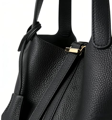Genuine Leather Bucket Bag for Women: Lock Design Shoulder Handbag Versatile Top-Handle Tote Fashionable Vegetable Basket - color: Black