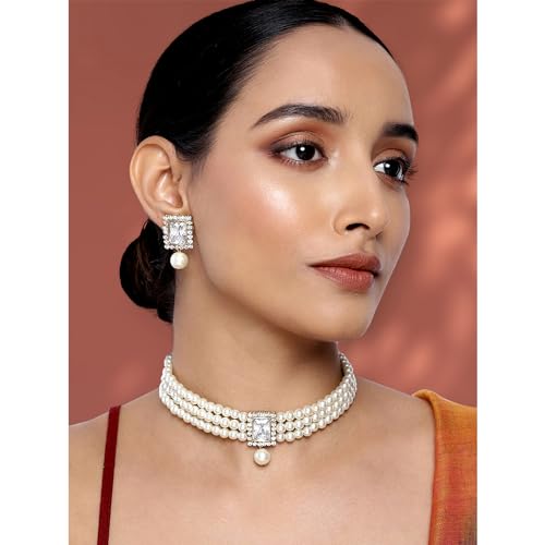 Aheli Ethnic Choker Necklace Earrings Wedding Bollywood Party Jewelry Set Gift for Women - color: White 2