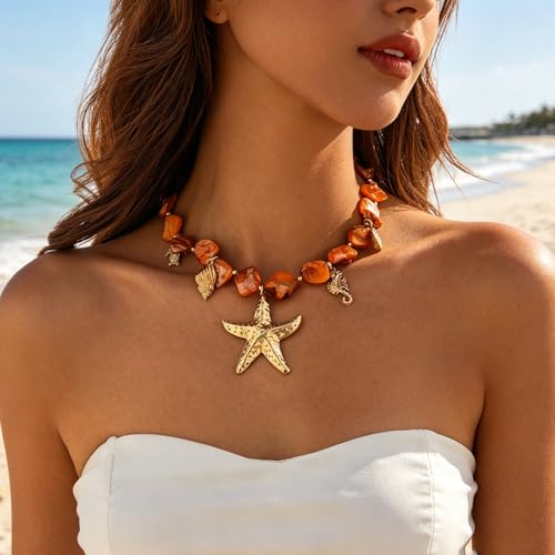 Boho Chunky Shell Necklace for Women Baroque Pearl Pendant Necklaces Irregular Shell Beaded Choker Necklace Trendy Vacation Jewelry Accessories - color: Brown2
