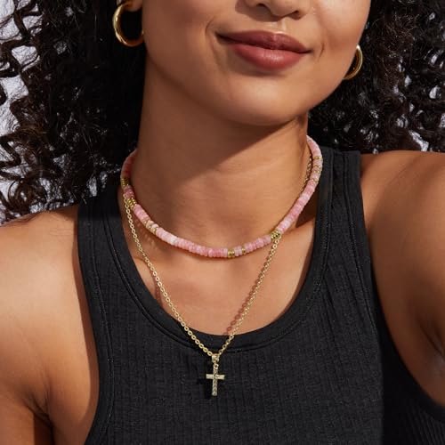 KissYan Boho Beaded Choker Necklace for Women, Gemstone Choker Natural Stone Freshwater Pearl Surfer Necklaces 14K Gold Plated Summer Beach Handmade Jewelry - color: M-Rose