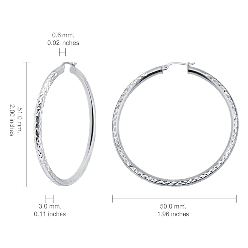Hoops & Loops 925 Sterling Silver Diamond-Cut Round Hoop Textured 3mm Click-Top Earrings for Women, Slver, Two-Tone 14K Yellow Gold Flash Plate 15/20/25/30/35/40/45/50mm Hoops - color: Silver, size: 50mm (2'')