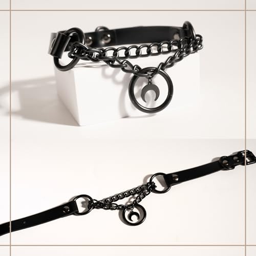 Black Gothic Chain Choker with O-ring and Moon Pendant, Punk Grunge Emo Leather Necklace For Women