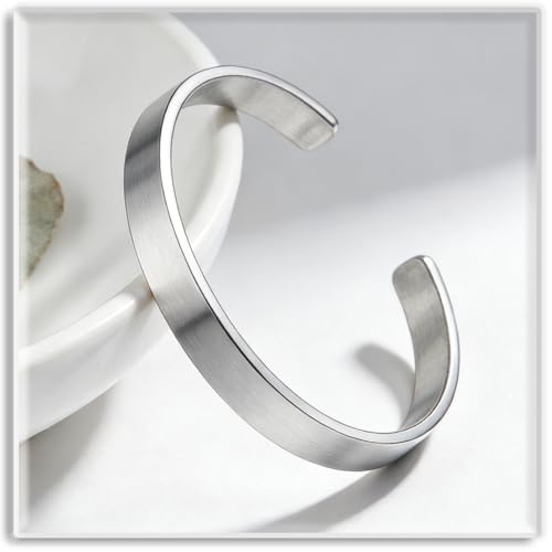 Xusamss Open Cuff Bracelet for Men Stainless Steel Wide Flat Bangle, Simple Mens Jewelry, Polished Steel Bracelet Band for Men, Wide Cuff Bracelet - color: White