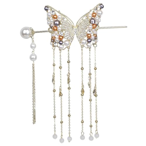 1 Piece Pearl Butterfly Hair Stick Vintage Tassel Hair Bun Holder Rhinestone Pearl Butterfly Hair Fork Hairpin Metal Ponytail Holder Hair Accessory for Women and Girls