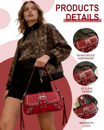 Y2K Trendy Purse for Women, Leather Buckle Punk Hobo Clutch Purses Bags for Ladies Top Handle Shoulder Bag - color: Deep Red