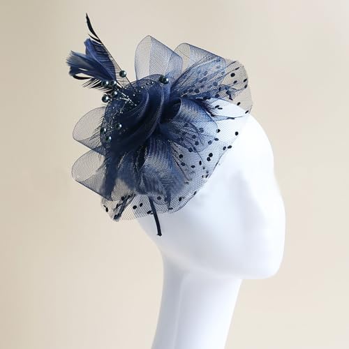 Fascinators Hat Pearl Earrings Necklace Bracelets Gloves 1920s Headband Hair Clips Women Flower Mesh Feather Headpiece Headwear Halloween Carnival Cocktail Wedding Tea Party Accessories Blue - color: Dark Blue