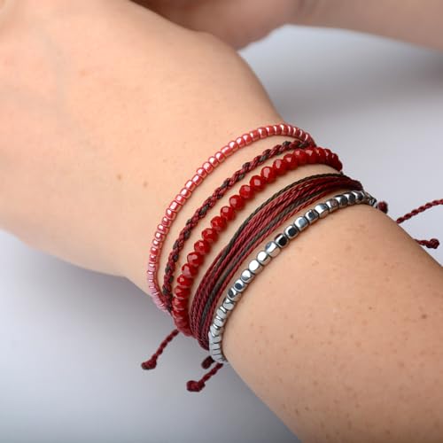 Mezcla Vida Handmade Waterproof Rope Bracelets Pack String & Beaded Bracelet Stack - Set of 5 Stackable Bracelets For Women, Summer Accessories & Bohemian Bracelets for Teen Girls - color: Dark Red