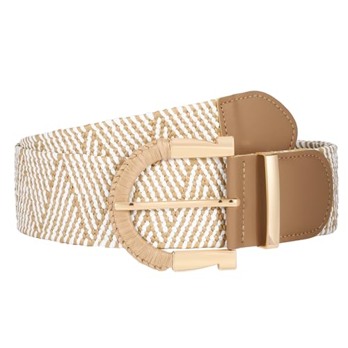 JASGOOD Straw Woven Belt for Women Dresses Boho Elastic Braided Belt Rattan Raffia Belts Ladies Wide Belt,1.97" Width - color: E-white&yellow, size: Fit waist size 25"-30"