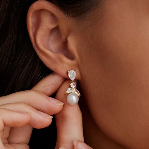 Pearl Earrings for Women, Dainty Wedding Bridal Earrings 14k Gold Plated CZ Pearl Drop Earrings for Women Trendy Hypoallergenic Unique Gold Drop Earrings Fashion Prom Jewelry - color: Gold-E