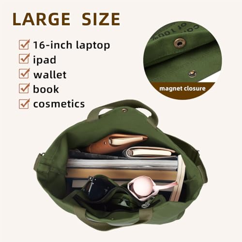 Canvas Tote Bag For Women inside out bag Crossbody Handbag with Adjustable Strap and Coin Purse for Work,Travel,Grocery - color: Army Green
