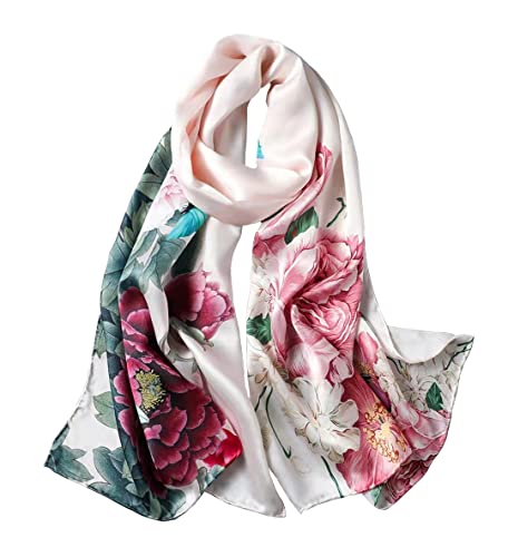 ANDANTINO 100% Silk Long Scarf-Women Large Oblong Shawls with Gift Packed - color: Pale Pink Flowers