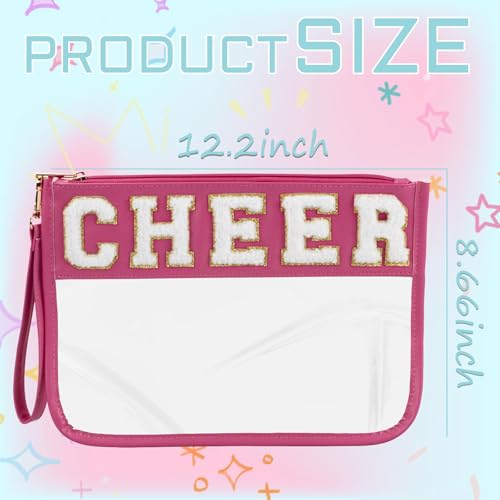 BuyCard Cheer Chenille Letter Bags Clear Makeup Bag, Cheerleader Gifts Cosmetic Bag, Varsity Preppy Patch Flat Pouch Cheer Accessories, Waterproof PVC Organizer Toiletry Bag for Women Girls - color: Rose Red-Cheer