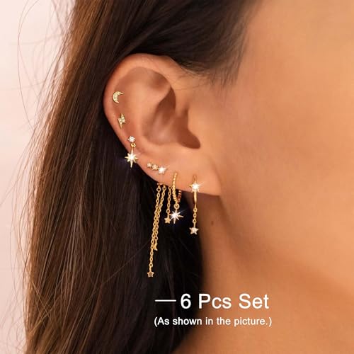 6 Pcs/6 Pairs Hypoallergenic 925 Sterling Silver Stud Post 14K Gold Earrings for Women Moon Star Hoop Stackable Cubic Zirconia Chain Dangle Earring Set Stacks for Multiple Piercings - color: Gold Star Chains