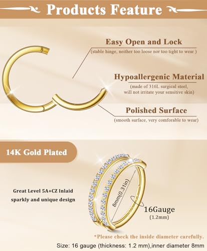 Small Cartilage Double/Triple-Hoop Helix Conch Piercing Earrings With Cubic Zirconia For Women Trendy 14K Gold Plated Titanium Surgical Stainless Steel Sets Nose Rings Hoops Septum Rings - color: 14K Gold, style: C-4Pairs-16Gauge-Double CZ hoop